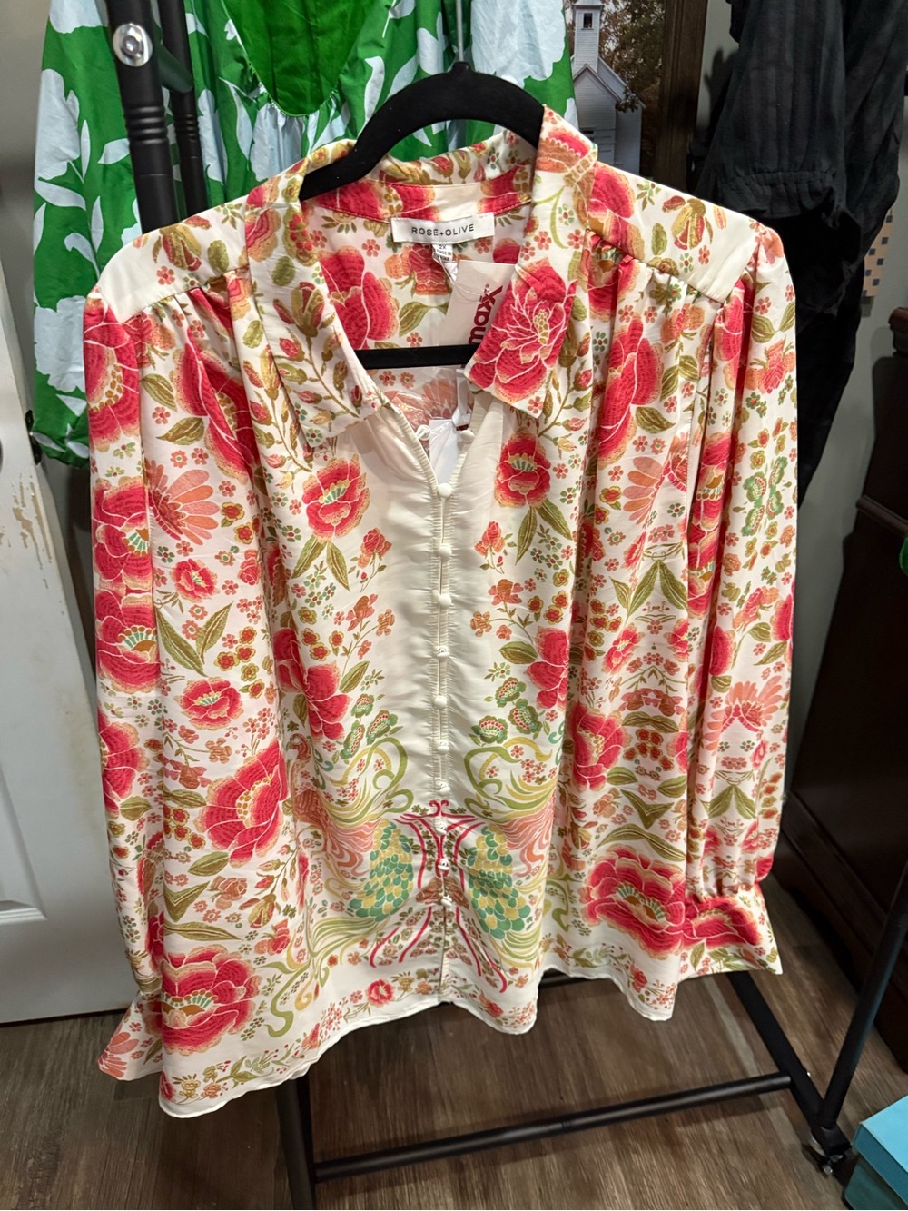 Rose & Olive Floral Button-Front Cream Blouse with Coral Pink Print